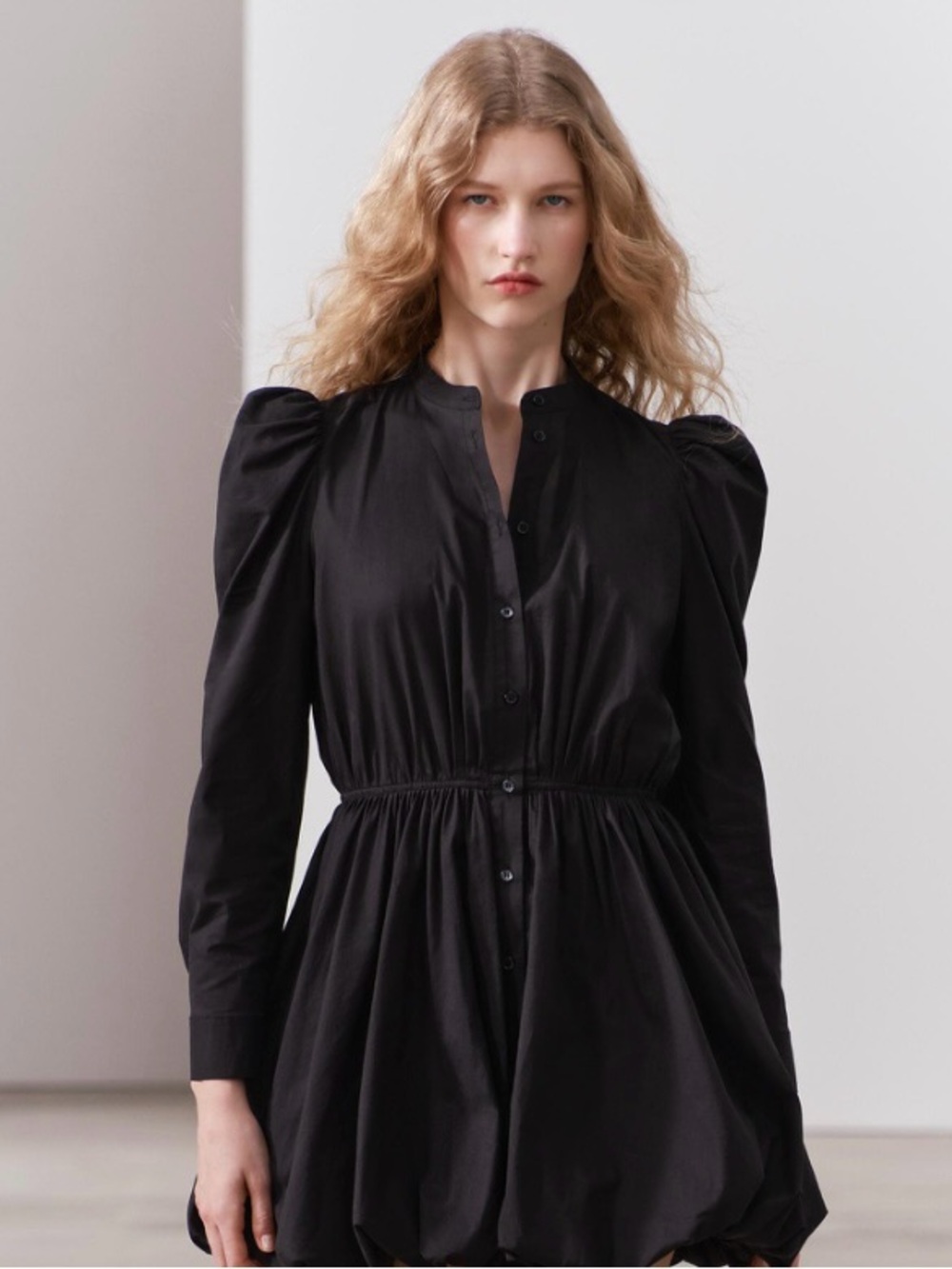 XL Zara Black Long-Sleeve Puff Shoulder Button-Front Dress NWT